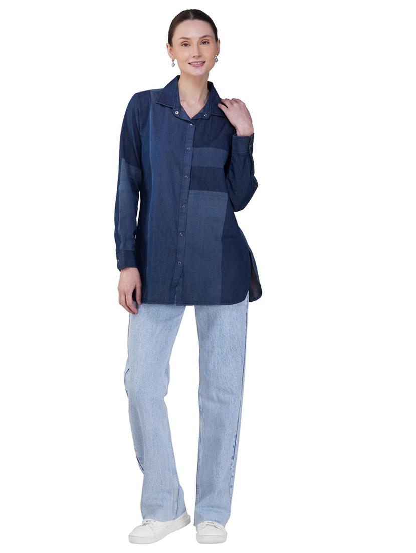 women color blocked collared long sleeve denim shirt - 21935600 - Standard Image - 4