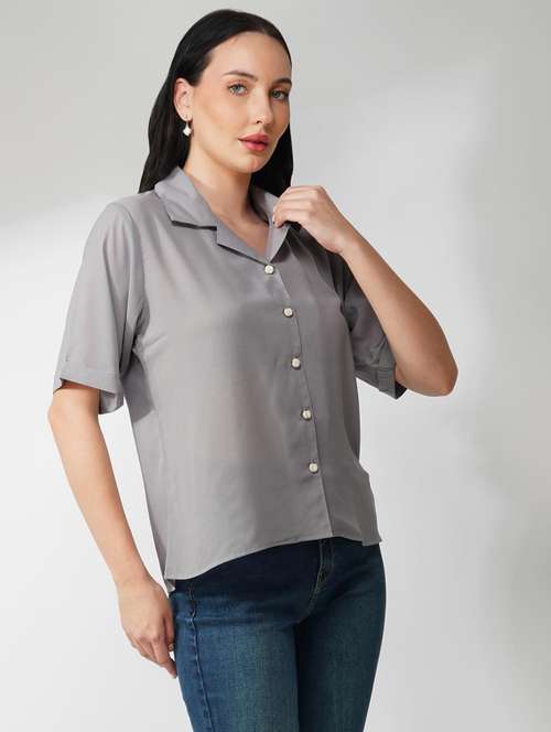 women lapel solid collared short sleeve shirt - 21935601 -  Standard Image - 0