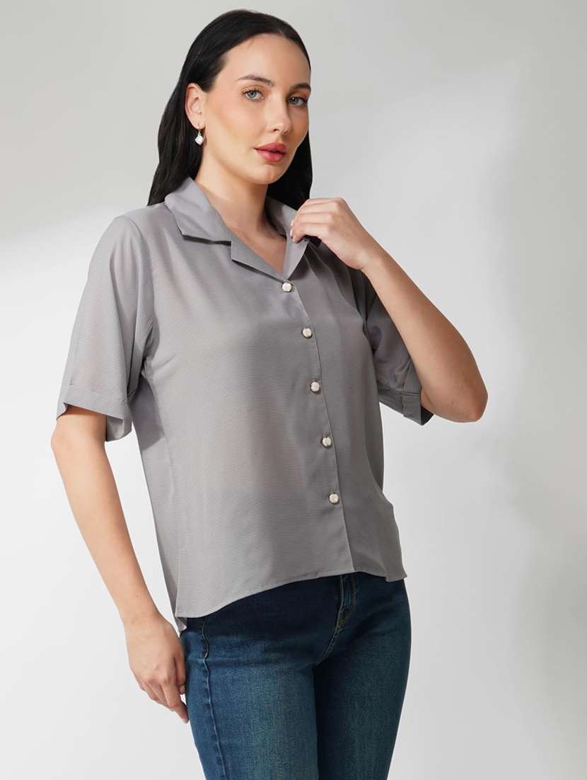 women lapel solid collared short sleeve shirt - 21935601 -  Zoom Image - 0