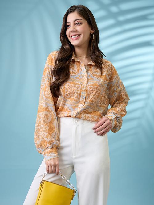 women printed puff sleeve relaxed fit shirt - 21935604 - Standard Image - 0
