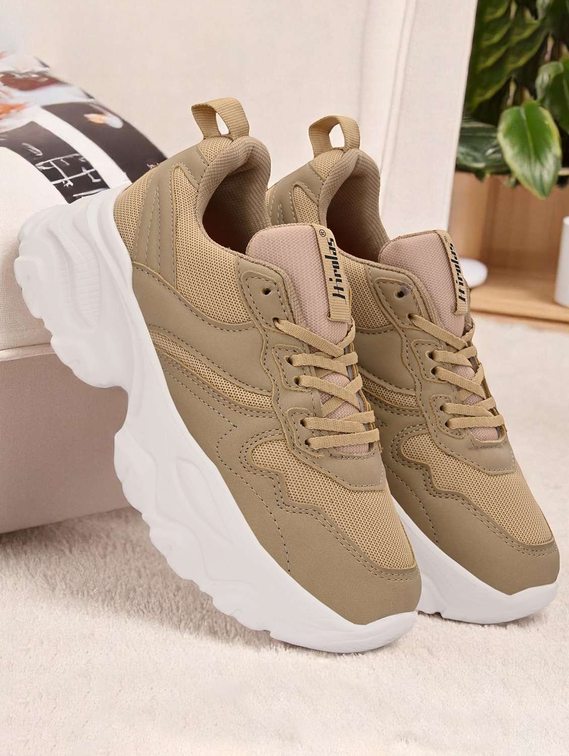 women beige lace-up sports shoe