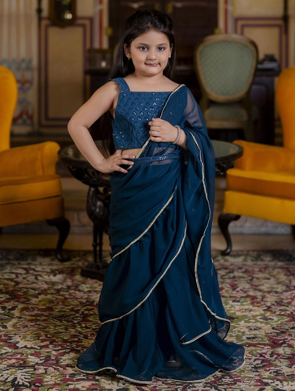 girls solid ruffled ready to wear saree - 21935694 - Standard Image - 1
