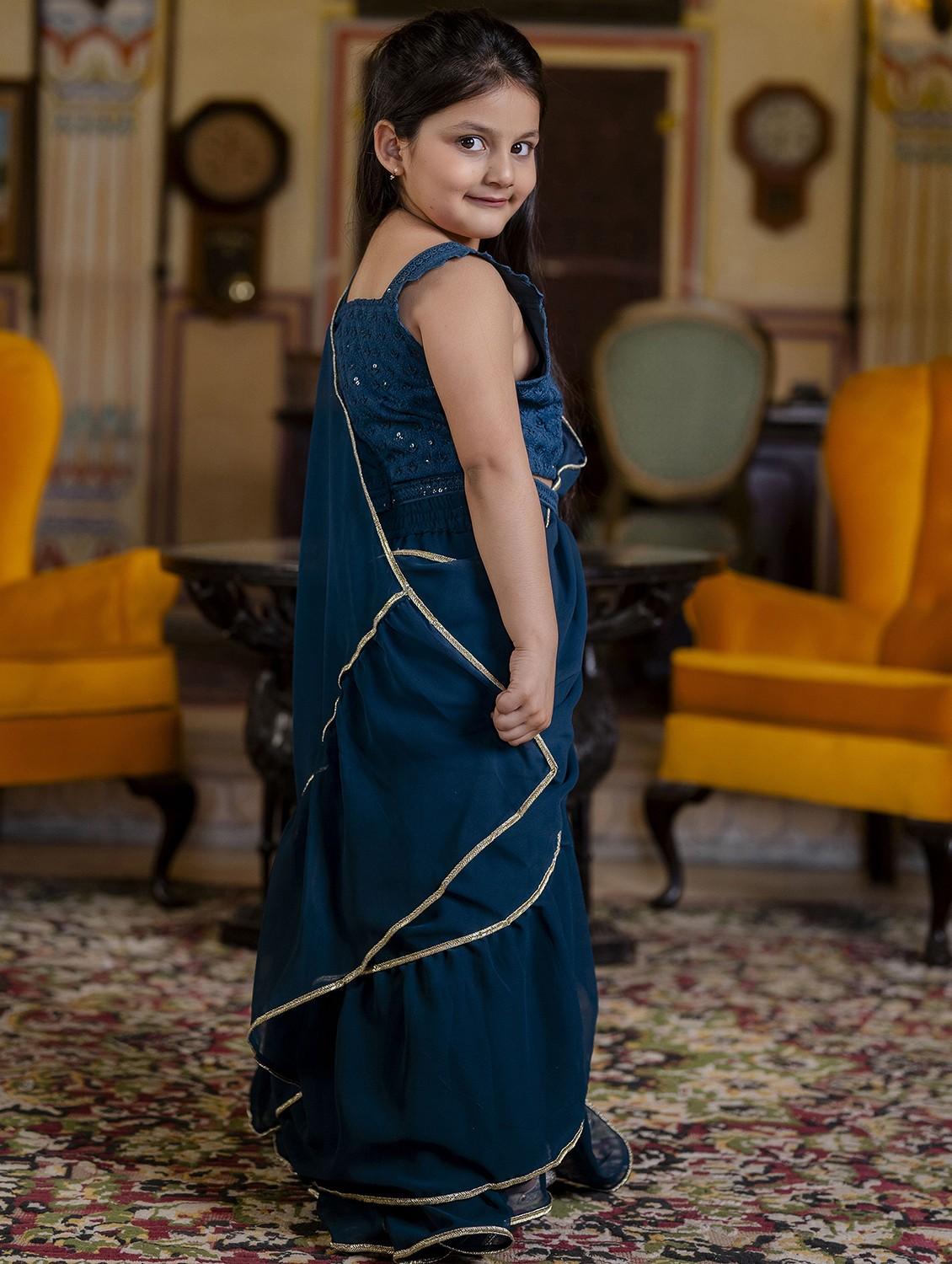 girls solid ruffled ready to wear saree - 21935694 - Standard Image - 4