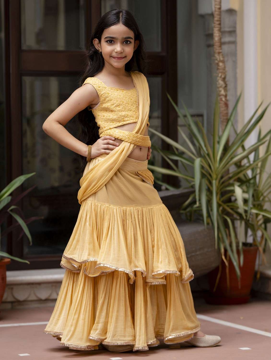 girls solid ruffled ready to wear saree - 21935699 -  Standard Image - 4