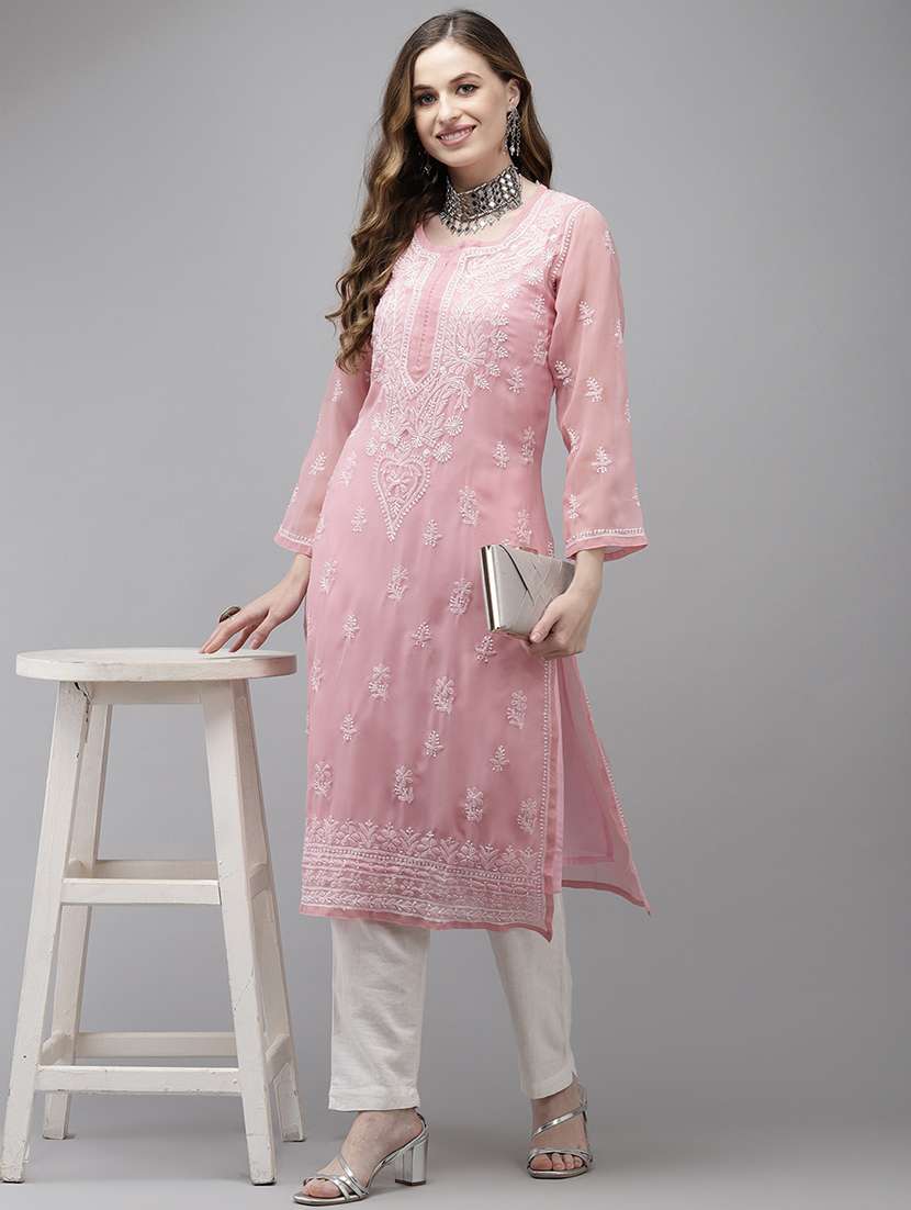 women chikankari long sleeve straight kurta
