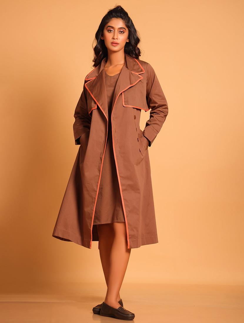 women brown solid long sleeve coat dress
