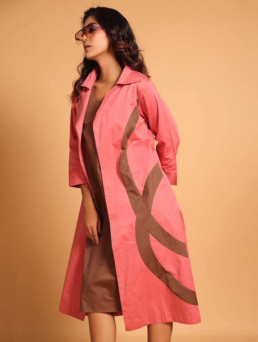 women pink color block long sleeve coat dress - 21935902 - Zoom Image - 0