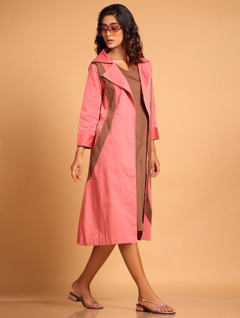 women pink color block long sleeve coat dress - 21935902 -  Standard Image - 1