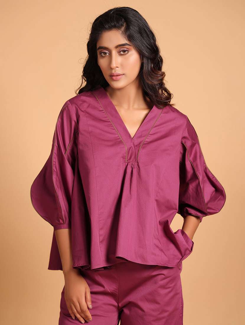 women purple solid top & trouser co-ord set