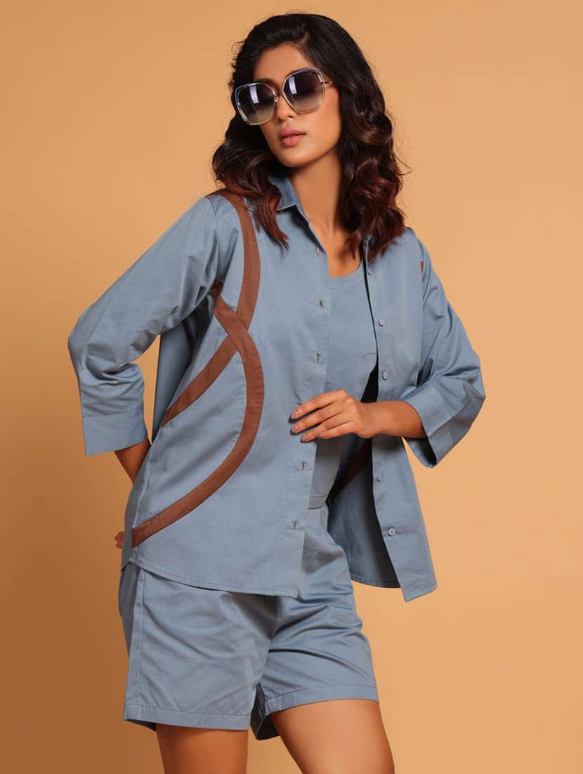 women blue color block shirt & shorts co-ord set