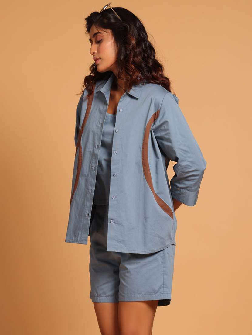 women blue color block shirt & shorts co-ord set - 21935912 -  Standard Image - 1