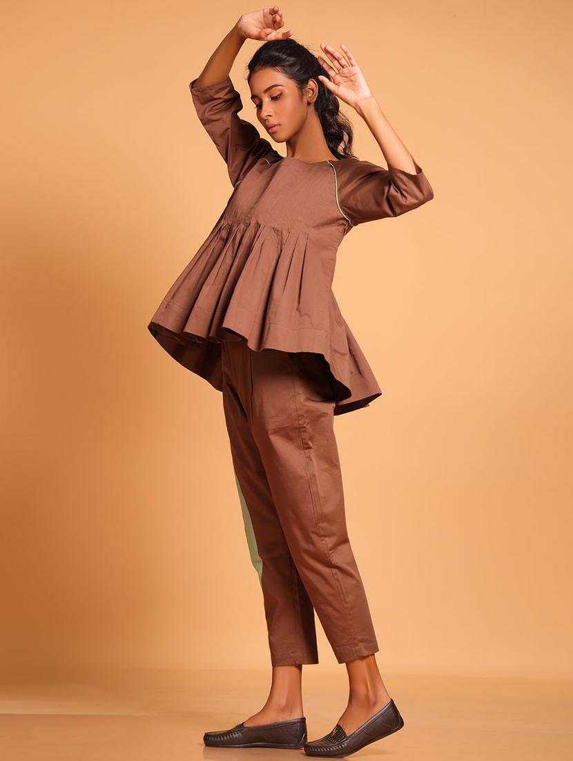 women brown color block top & trouser co-ord set - 21935914 - Standard Image - 1