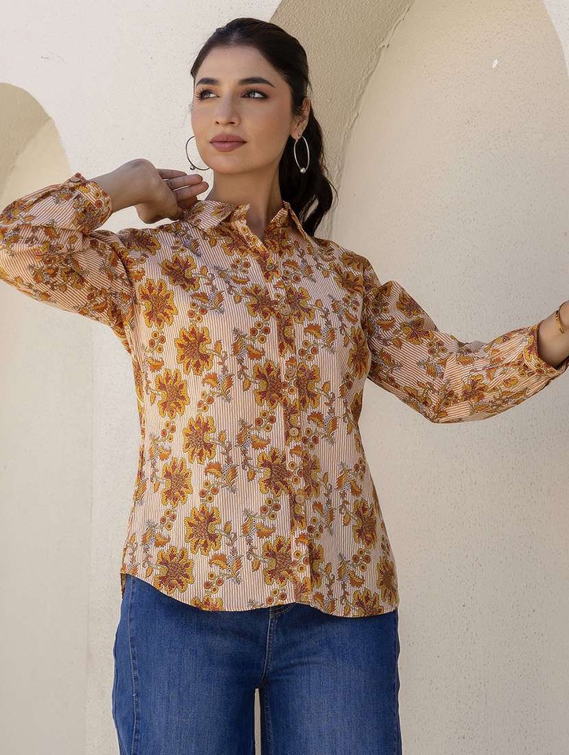 women floral printed collared long sleeve regular shirt