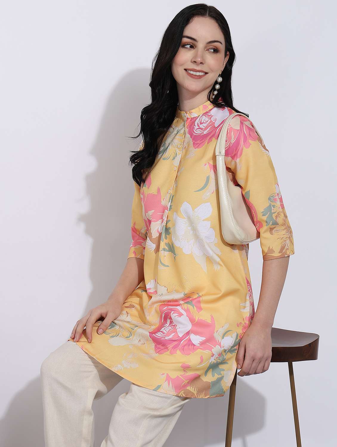 women yellow floral printed a-line kurti