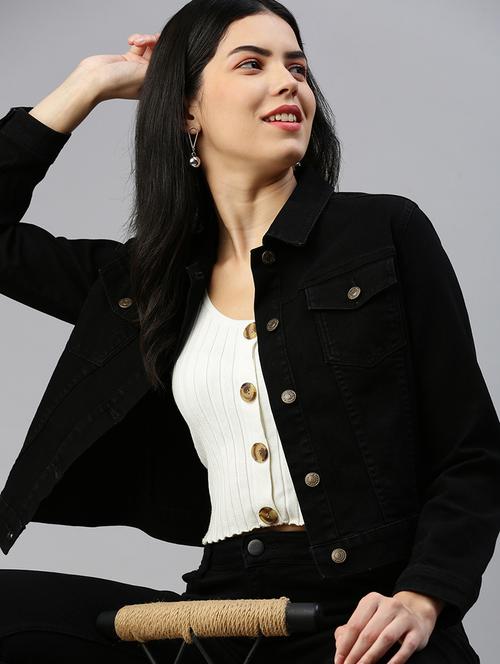 women black solid long sleeve denim jacket - 21935945 - Standard Image - 0