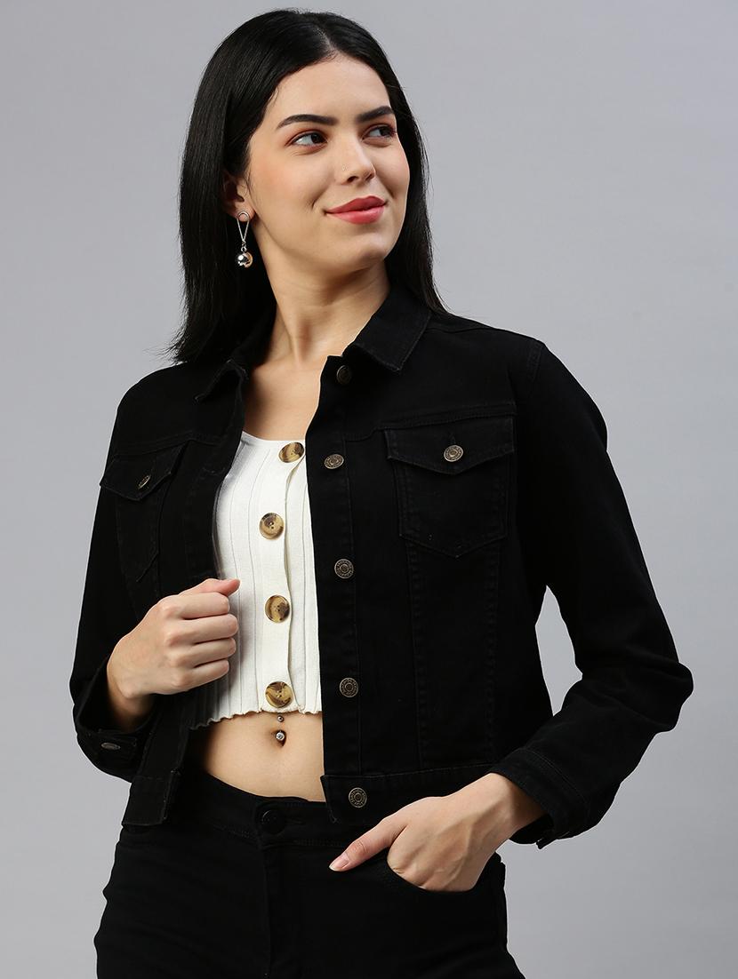 women black solid long sleeve denim jacket - 21935945 - Standard Image - 1