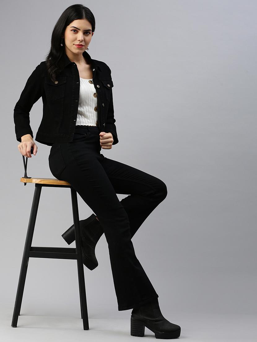 women black solid long sleeve denim jacket - 21935945 - Standard Image - 4