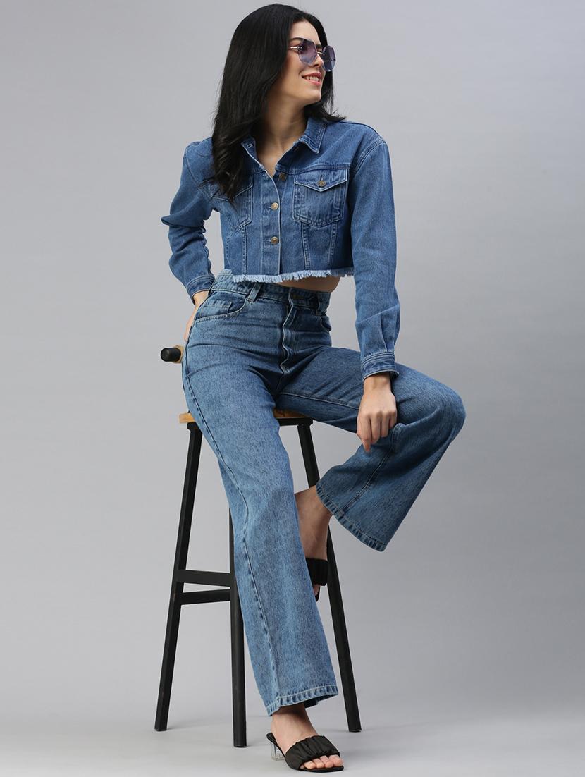women blue solid long sleeve denim jacket - 21935946 - Standard Image - 4