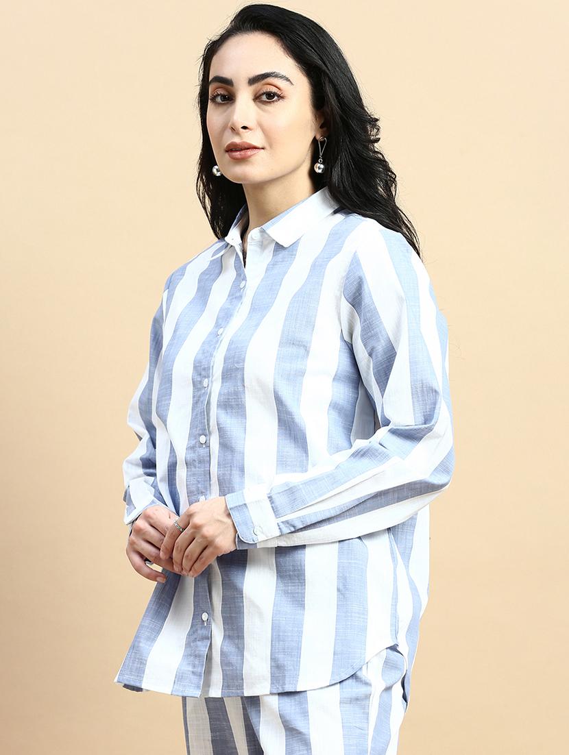 women striped collared long sleeve shirt - 21935947 - Standard Image - 1