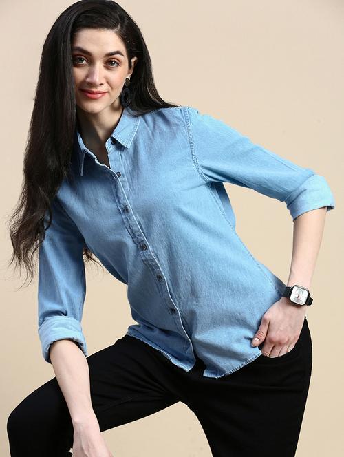 women solid collared long sleeve denim shirt - 21935950 -  Standard Image - 0
