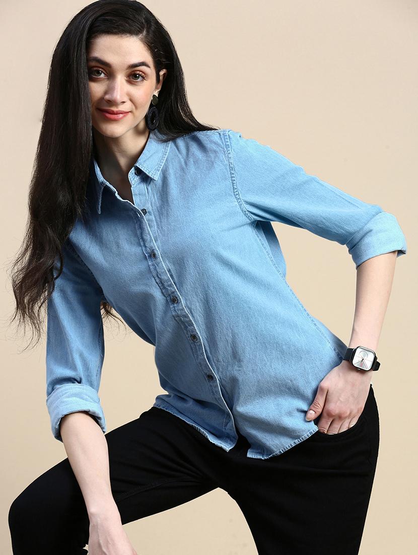 women solid collared long sleeve denim shirt - 21935950 -  Zoom Image - 0