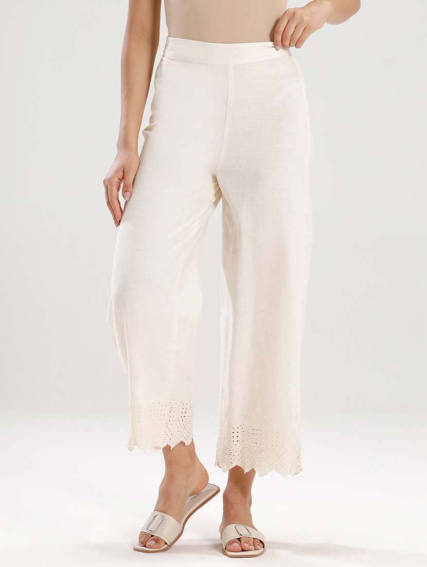 off white solid mid rise straight palazzo