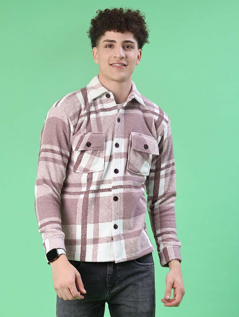 men checkered collared long sleeve shacket