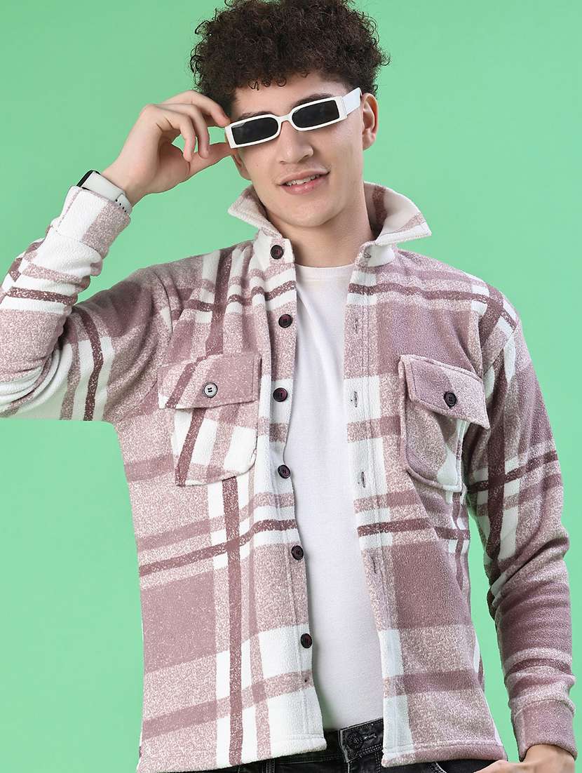 men checkered collared long sleeve shacket - 21936119 -  Standard Image - 1