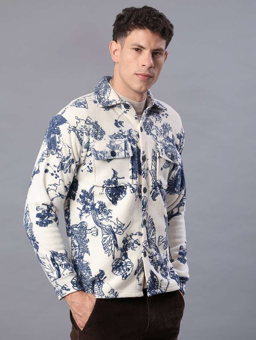men printed collared long sleeve shacket - 21936122 -  Standard Image - 1