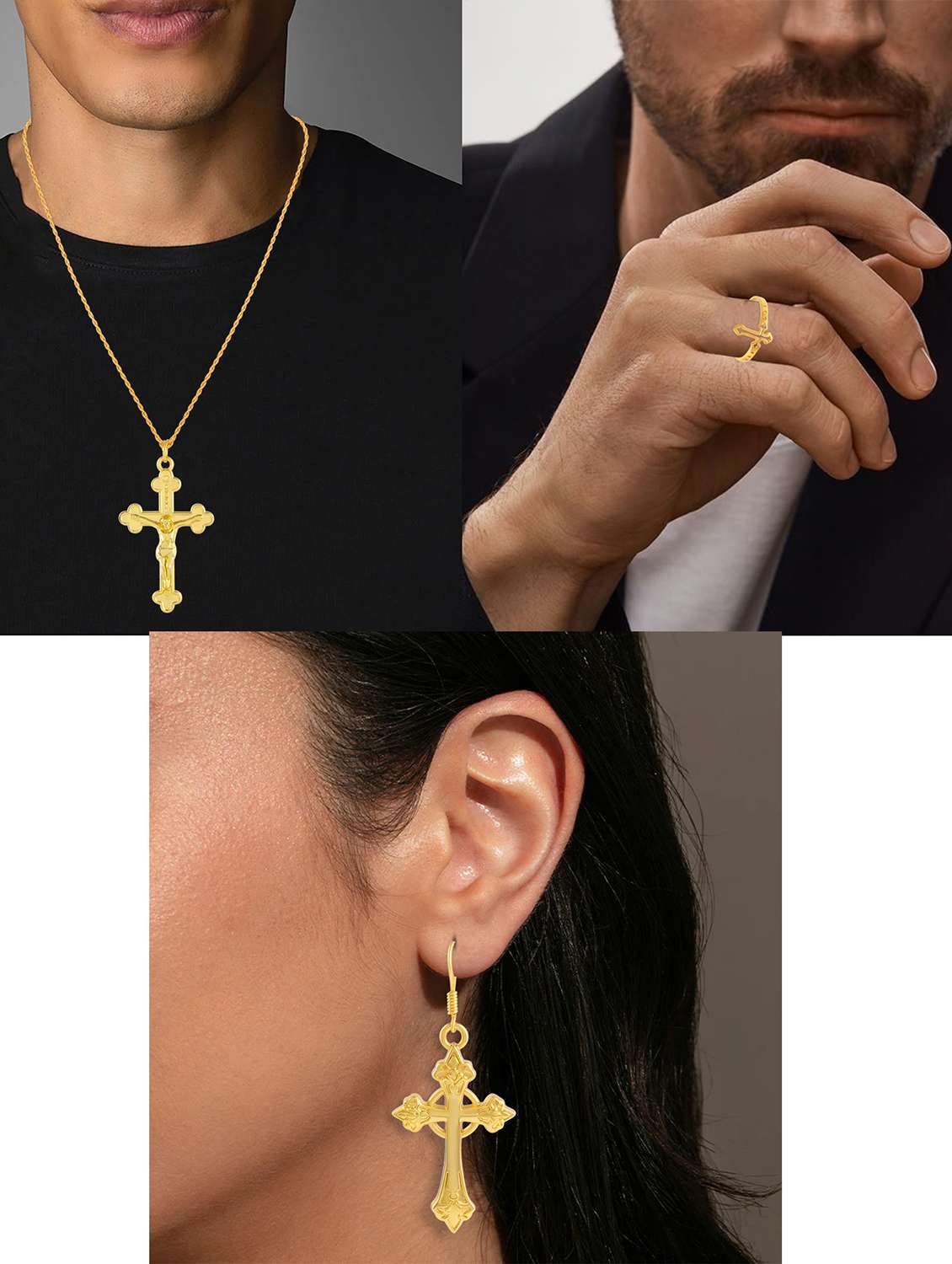 gold plated earrings and fringe ring with men pendant set - 21936654 -  Standard Image - 4