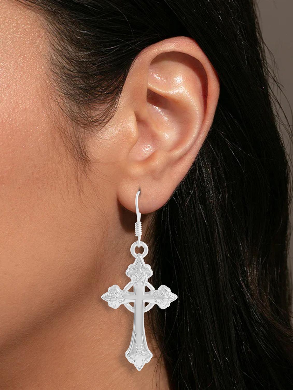 women silver tone cross drop earrings - 21936718 - Standard Image - 4