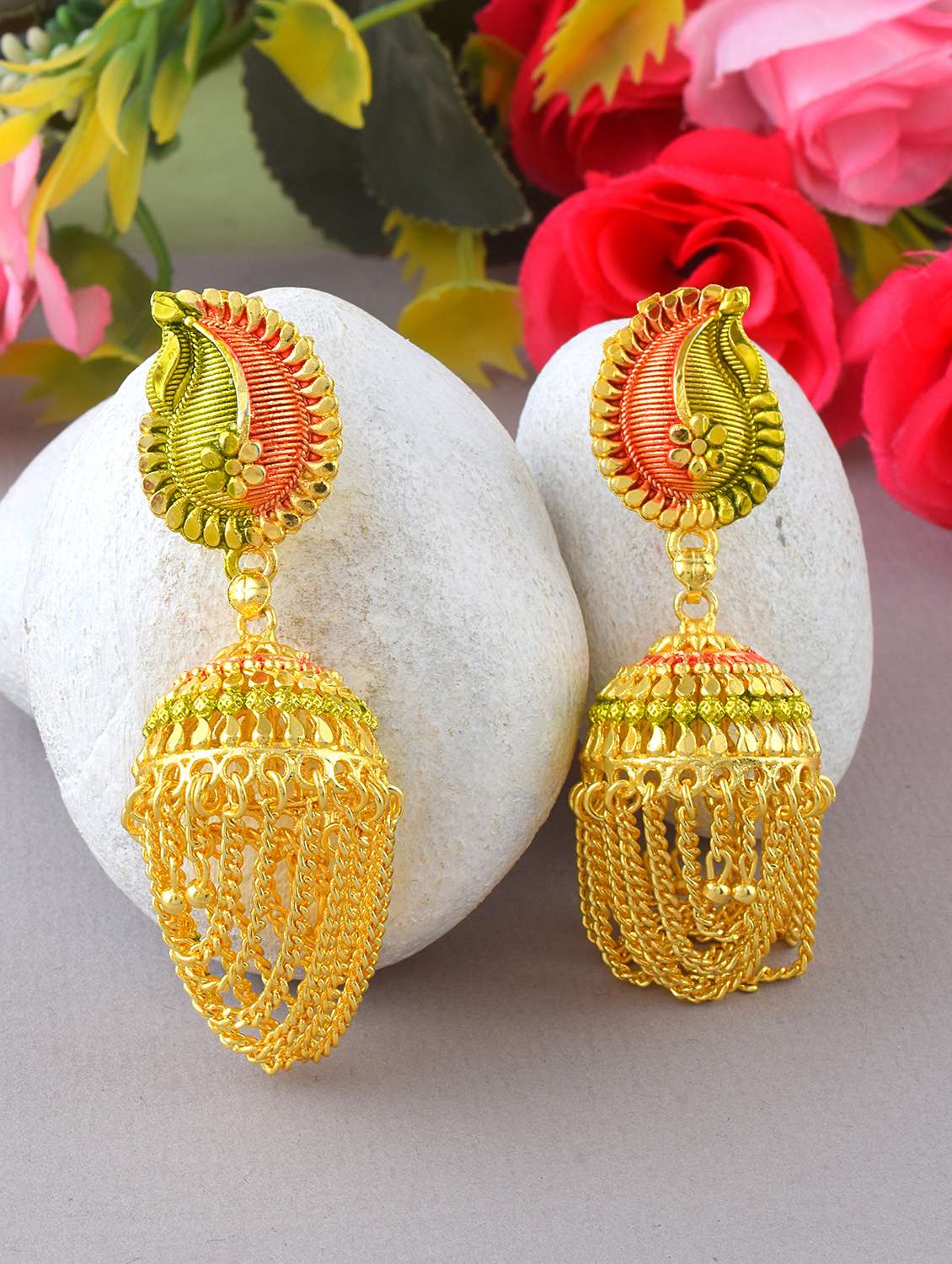 women gold plated jhumka dangler earrings