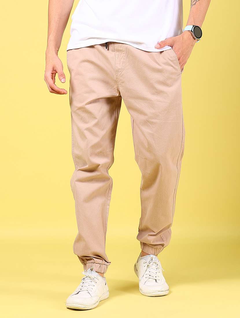 men beige solid mid rise regular fit jogger