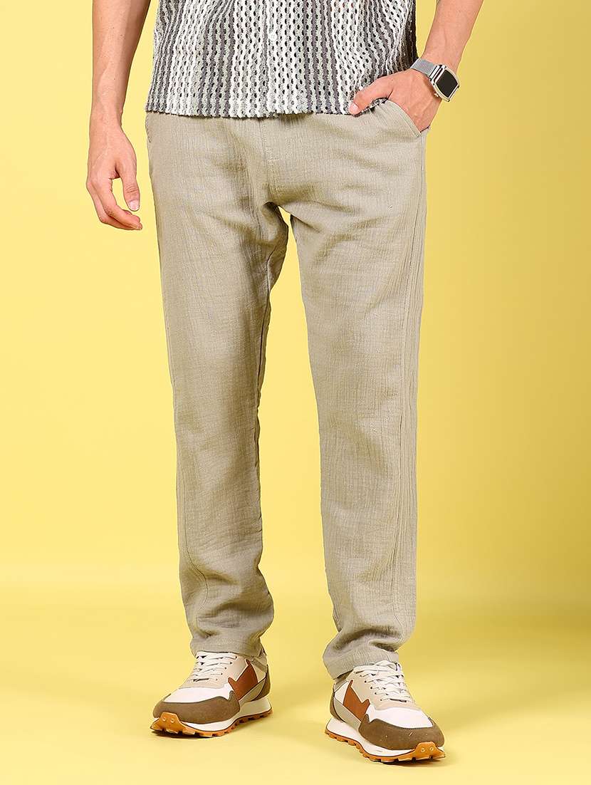 men olive solid mid rise full length trouser