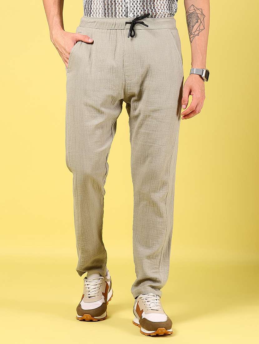 men olive solid mid rise full length trouser - 21936818 -  Standard Image - 1