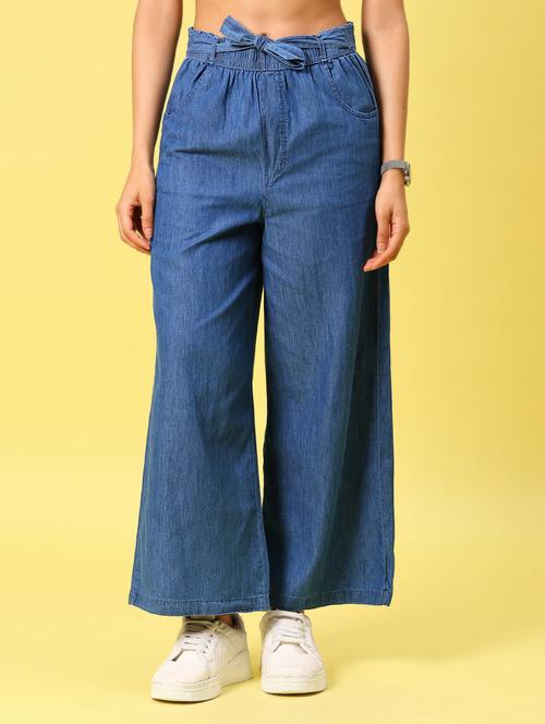 women solid high rise denim wide leg trouser - 21936845 - Standard Image - 0