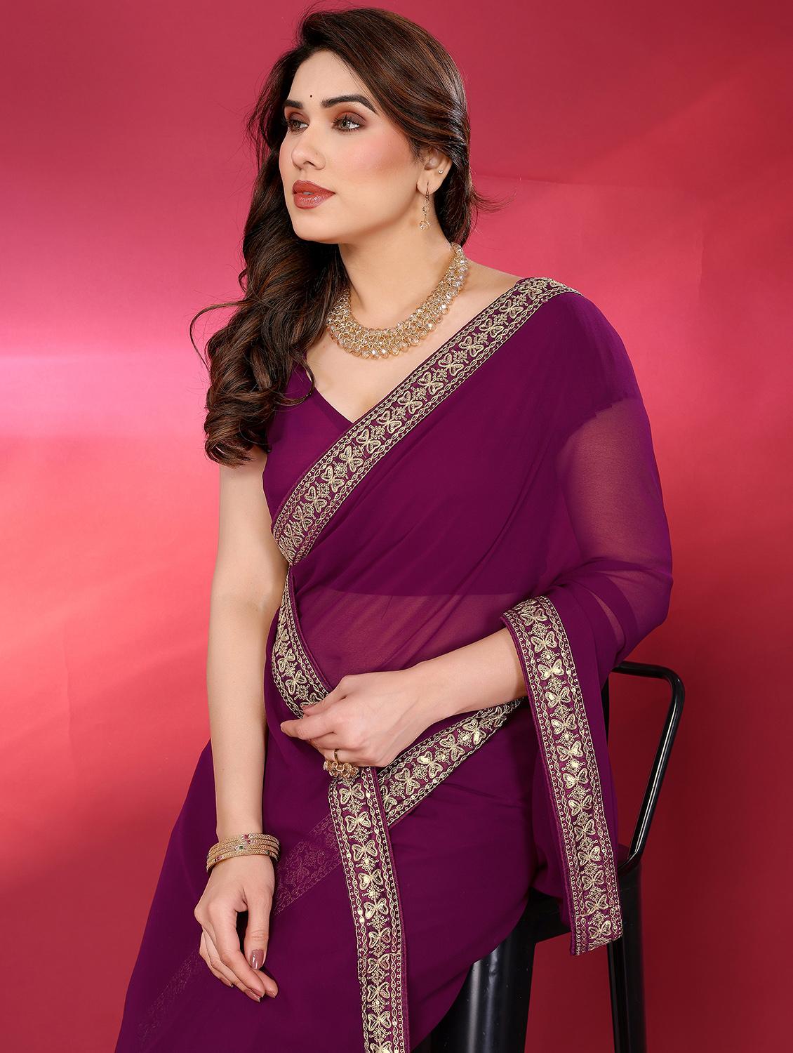 women solid with bordered saree with blouse - 21938451 - Standard Image - 4