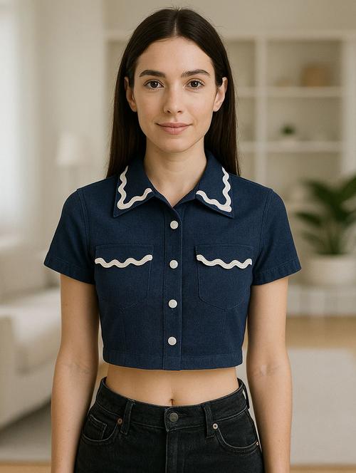 women solid collared shirt style denim top - 21938452 - Standard Image - 0
