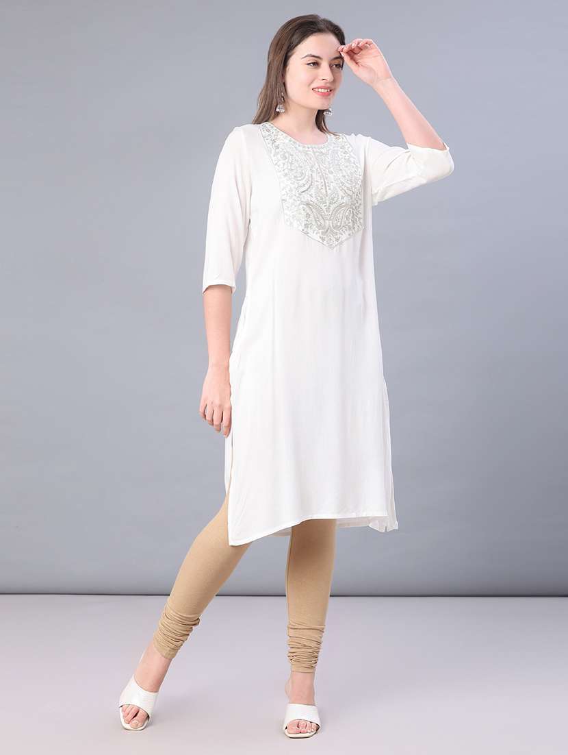 women solid with work three quarter sleeve straight kurta - 21938511 -  Standard Image - 1