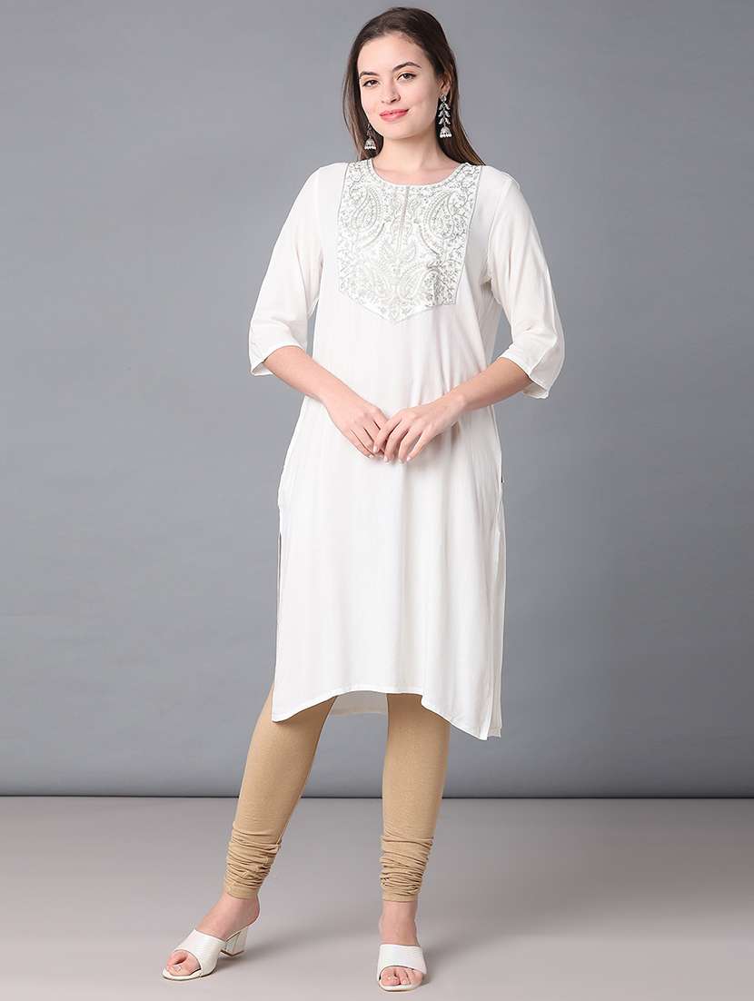 women solid with work three quarter sleeve straight kurta - 21938511 -  Standard Image - 4