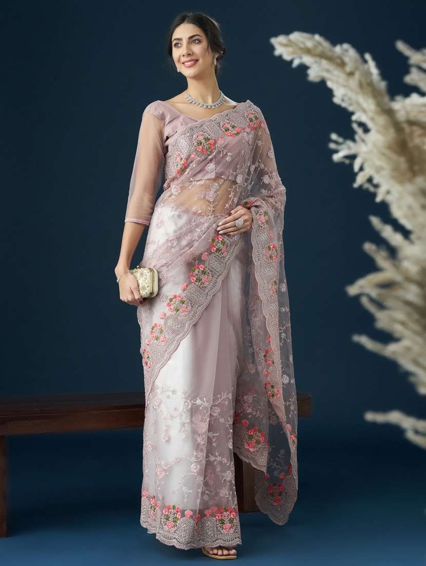 women solid with work embroidered saree with blouse - 21938977 - Zoom Image - 0