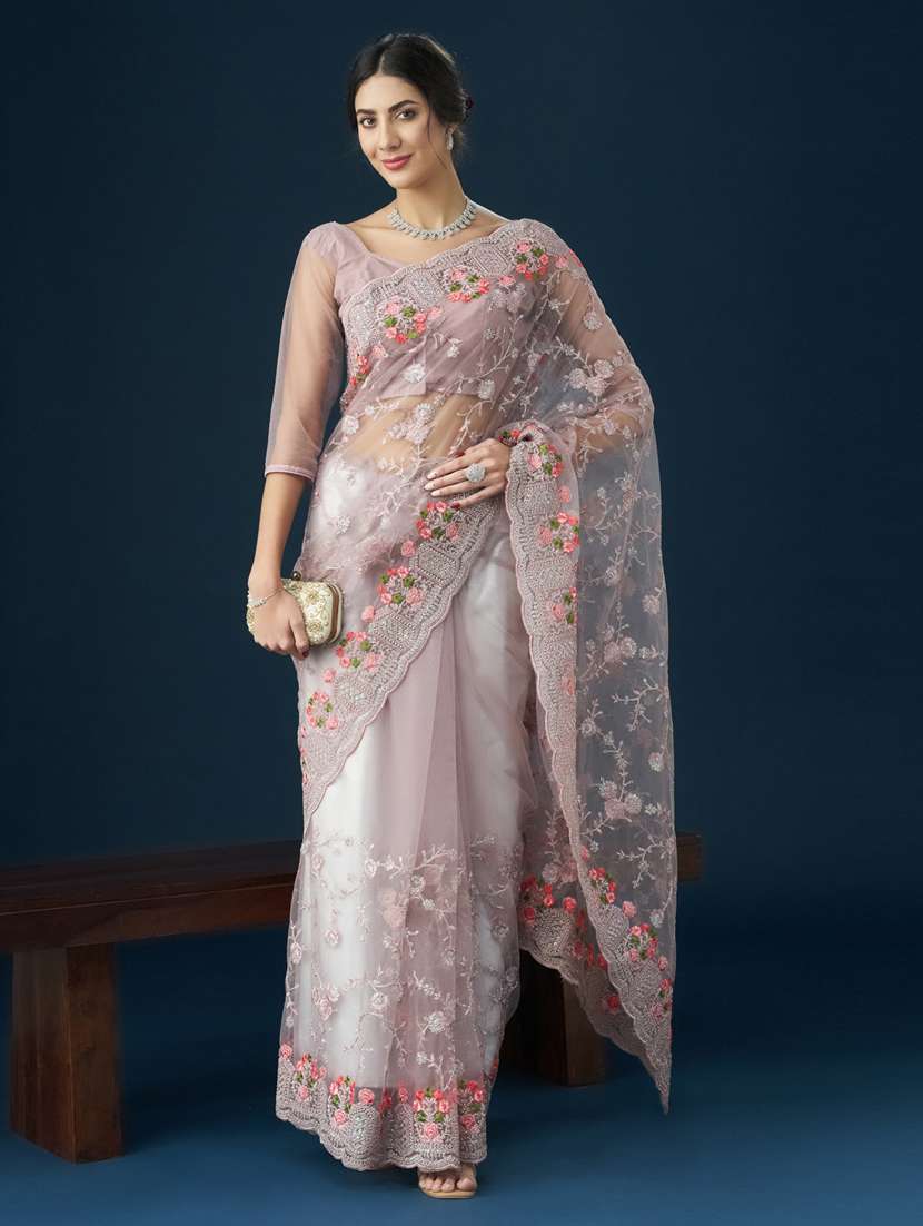 women solid with work embroidered saree with blouse - 21938977 - Standard Image - 1