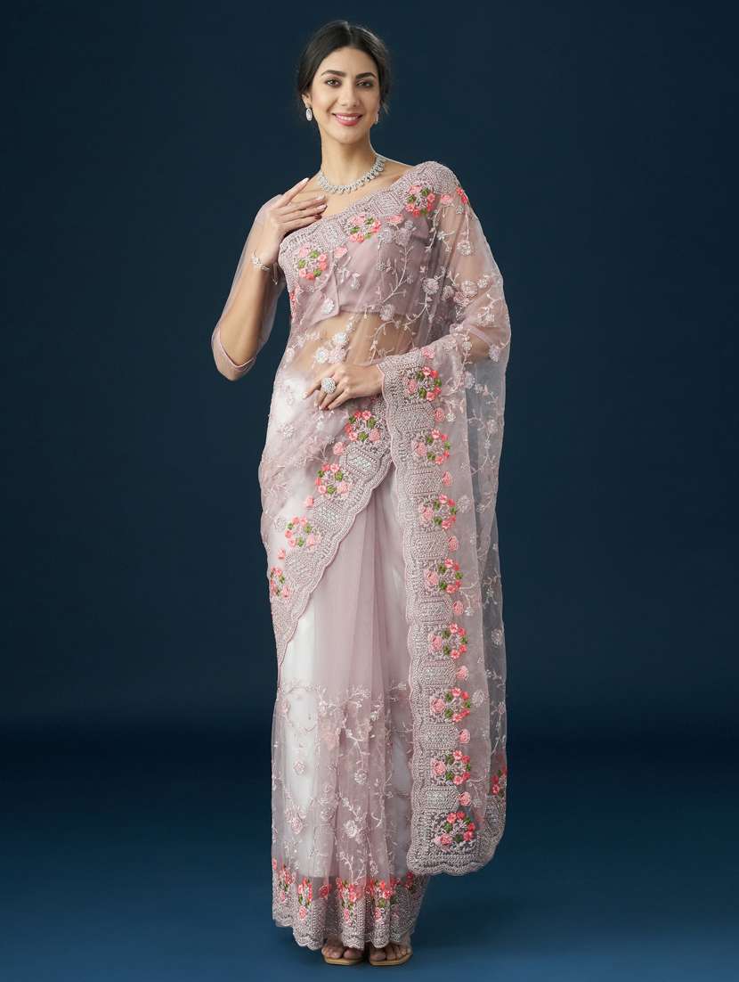 women solid with work embroidered saree with blouse - 21938977 - Standard Image - 4