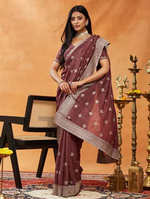 women solid with work embroidered saree with blouse - 21939004 -  Standard Image - 0