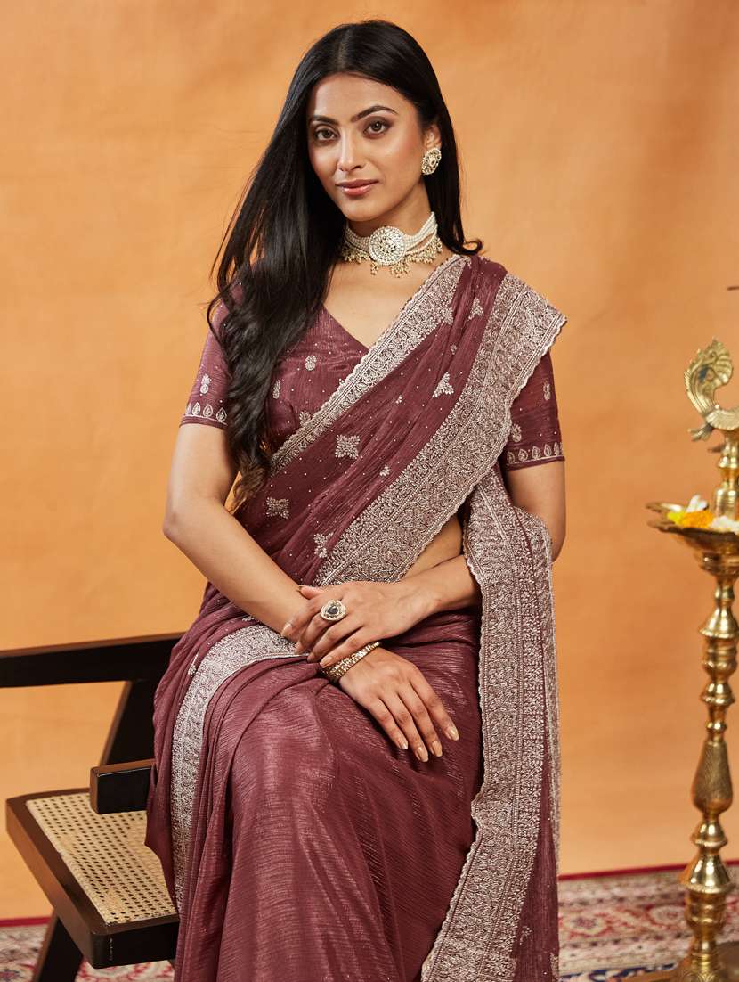 women solid with work embroidered saree with blouse - 21939004 -  Standard Image - 4