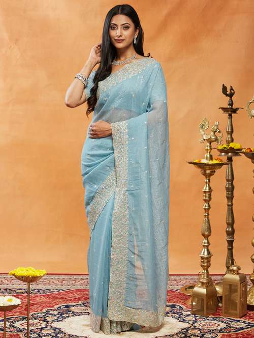 women solid with work embroidered saree with blouse - 21939005 -  Standard Image - 0
