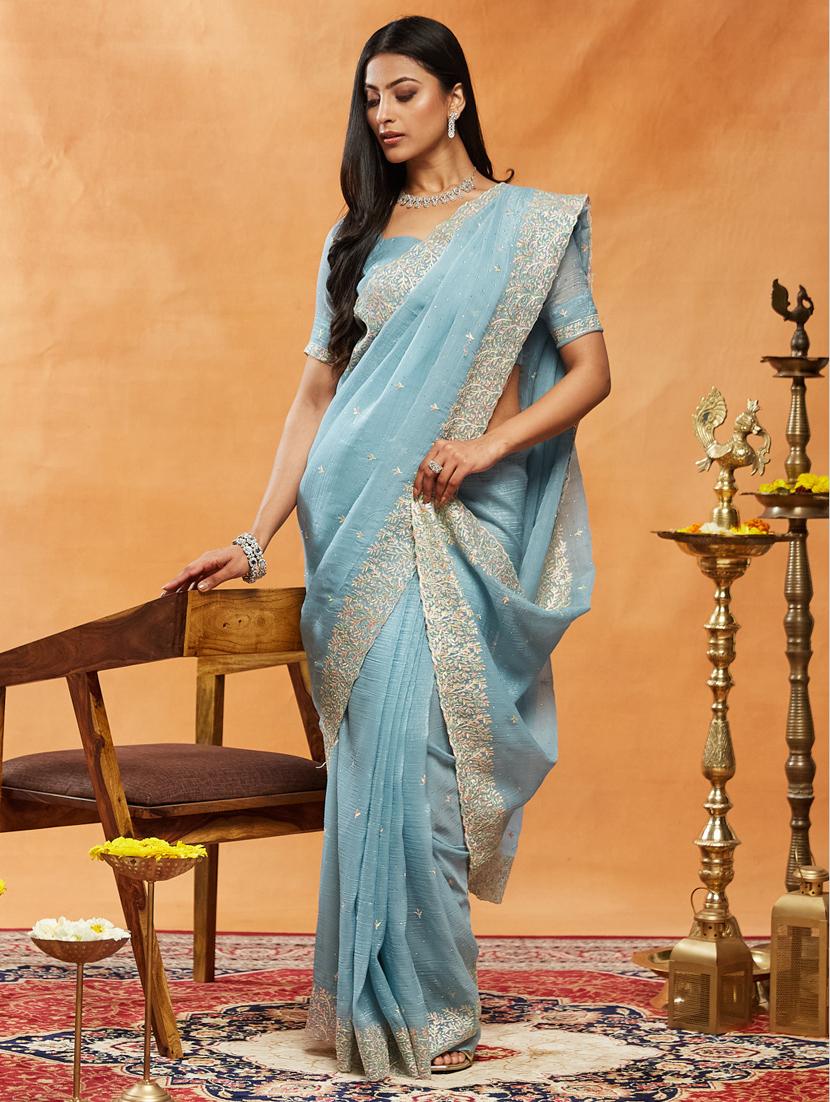 women solid with work embroidered saree with blouse - 21939005 - Standard Image - 1