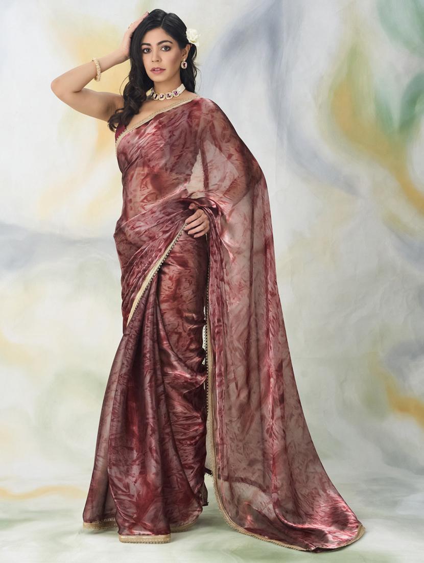 women maroon printed saree with blouse