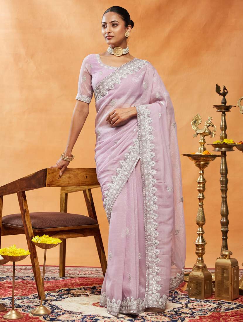 women solid with work embroidered saree with blouse