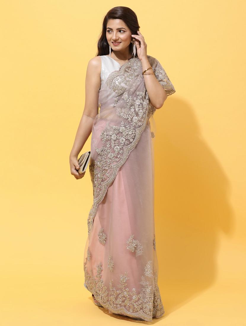 women solid with work embroidered saree with blouse - 21939139 -  Zoom Image - 0